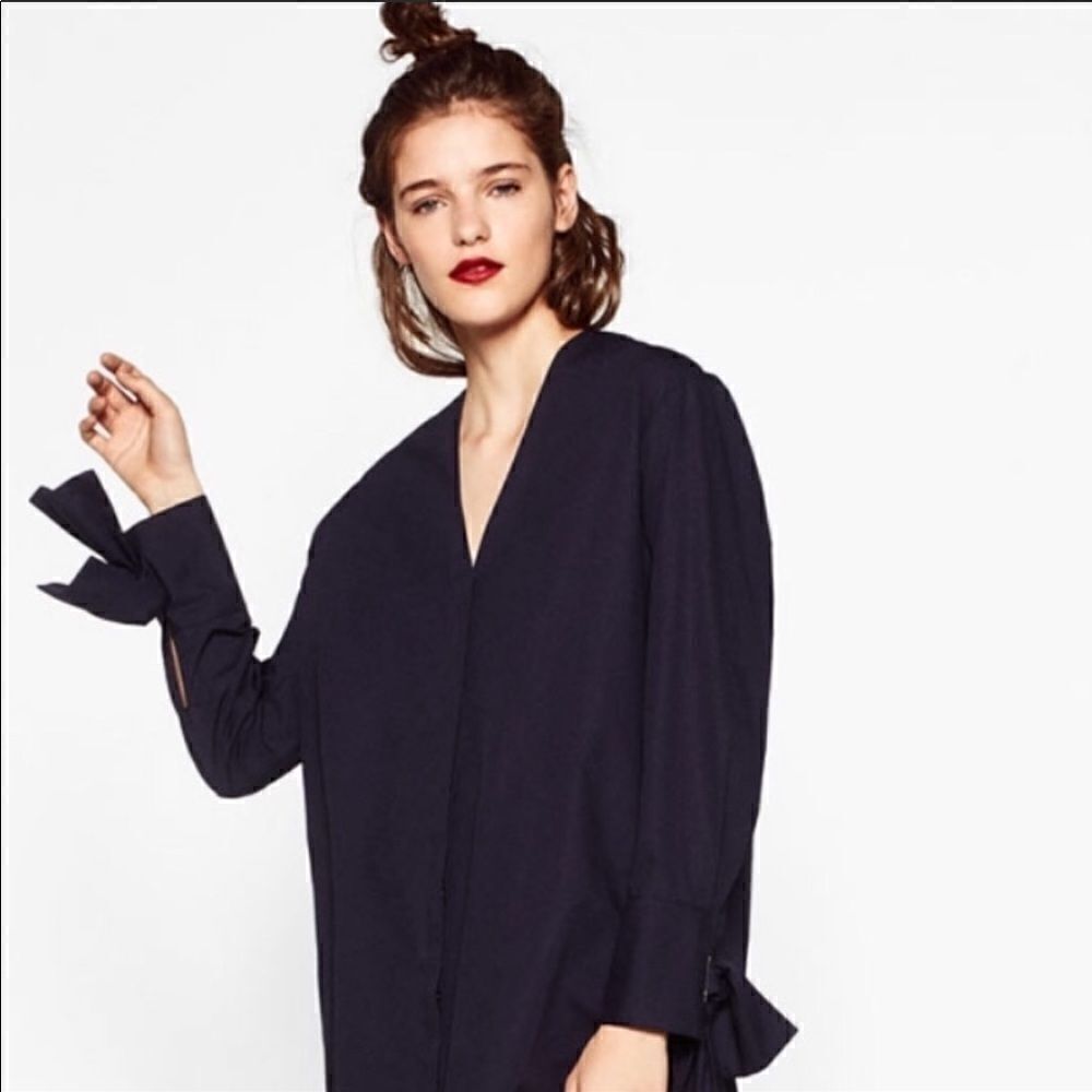 𝅺nwt Zara poplin dress bow detailed sleeves sz med - Picture 5 of 8